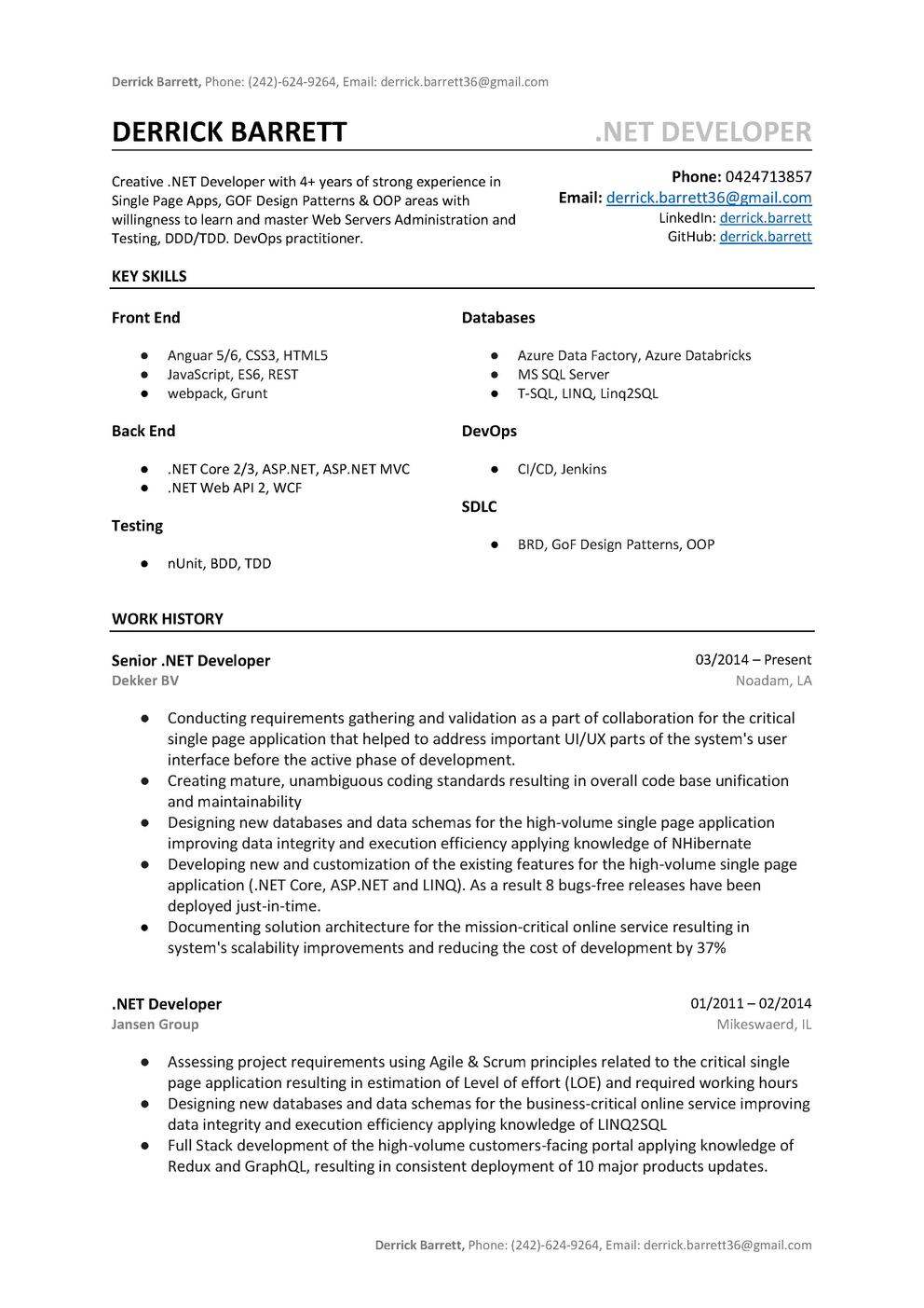 sample resume for c developer